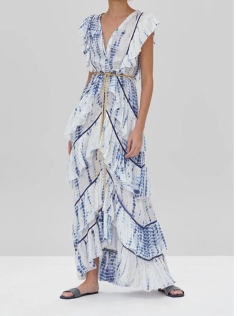 Alexis Loordes Blue White Tie Dye Tiered Ruffle Maxi Dress Size XS